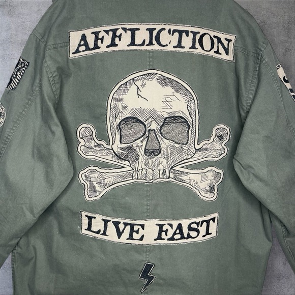Vintage Y2K Affliction Jacket Men XL Army Green Military Biker Skull Grunge - Picture 2 of 13